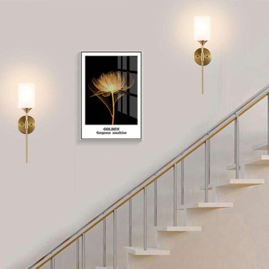 BYOLIIMA Gold Wall Sconce Set of 2 with White Cylinder Glass Shades Modern Mid Century Bathroom Vanity Wall Light Fixtures Industrial Brushed Brass Wall Lamp for Bedroom Mirror Living Room Restaurant