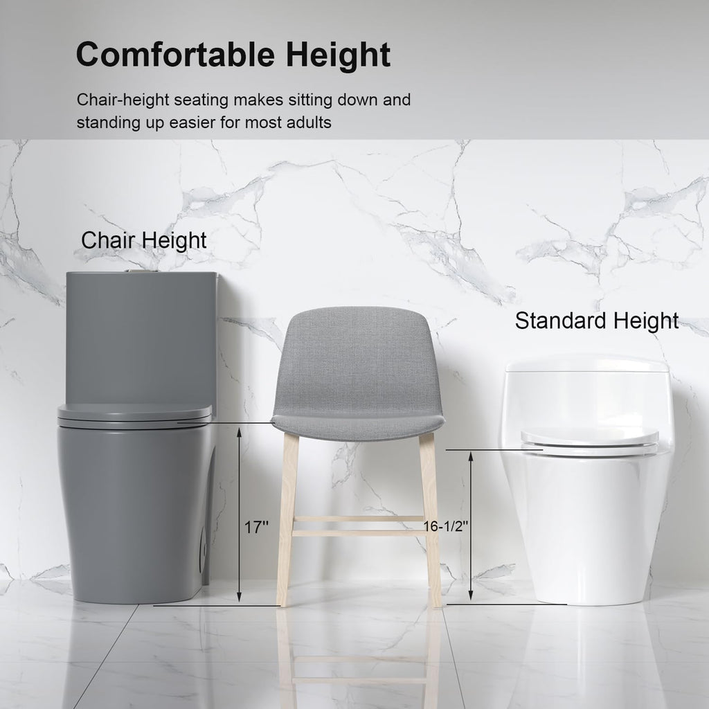 Elongated One Piece Toilet with Comfort Chair Seat ADA Height 17.3' Modern Toilet for Bathroom, Dual Flush 0.8/1.6 GPF and MAP 1000g, 12' Rough-In, Soft Closing Seat, Light gray