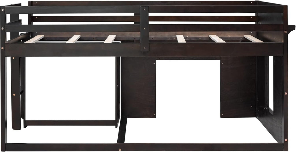 Ball & Cast Twin Size Low Loft Bed with Safety Guardrail & Stair,Wooden Bedframe W/Cabinet & Shelf,Solid Construction,No Spring Box Needed,Furniture Set for Boys Girls Keens Study Bedroom,Espresso
