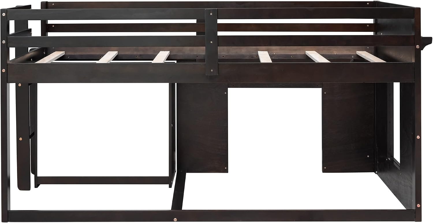 Ball & Cast Twin Size Low Loft Bed with Safety Guardrail & Stair,Wooden Bedframe W/Cabinet & Shelf,Solid Construction,No Spring Box Needed,Furniture Set for Boys Girls Keens Study Bedroom,Espresso