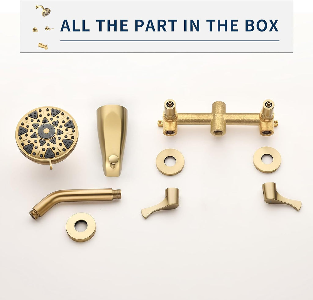 2 Handles Shower Faucet Set with Tub Spout Bathtub Shower Faucet Combo Set Shower System Complete Tub and Shower Trim Kit Wall Mounted Shower Fixtures Brushed Gold