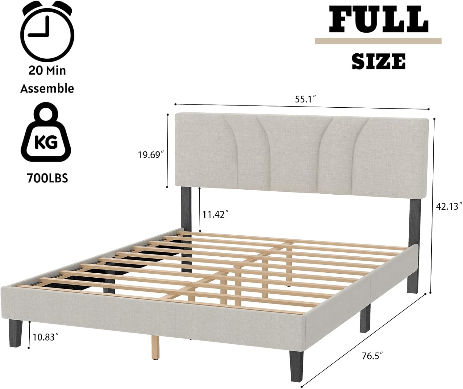 EVLIQUIL Platform Bed Frame Full Size with Fabric Upholstered Headboard and Wooden Slats Support, Fully Upholstered Mattress Foundation, No Box Spring Needed & Easy Assembly, Beige
