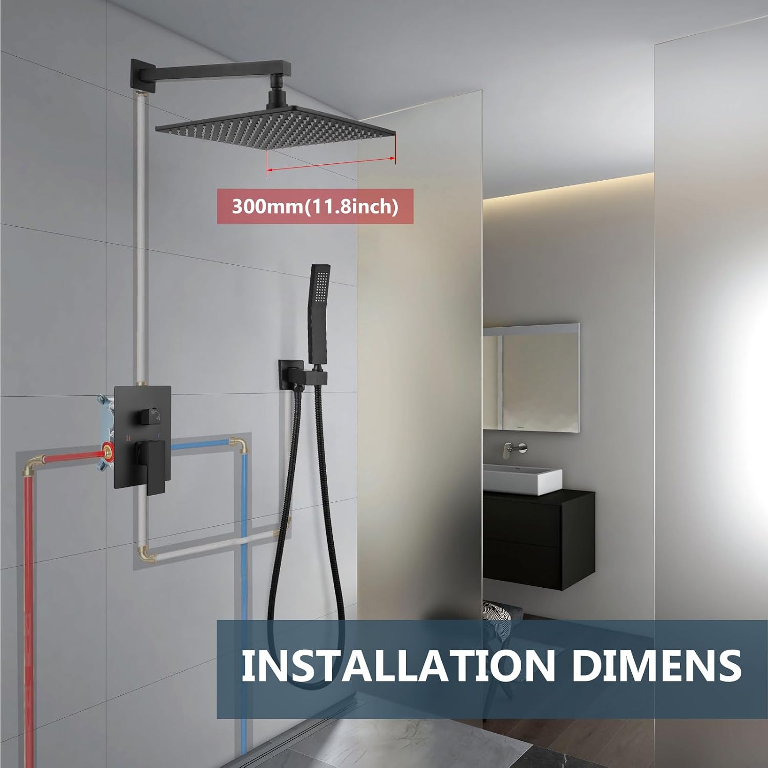 Aolemi Shower Faucet Set with Handheld Spray High Pressure Shower System Shower Faucets Sets Complete Rough-in Valve and Shower Trim Kit Wall Mount Rainfall 12 Inch LED Shower Head Matte Black