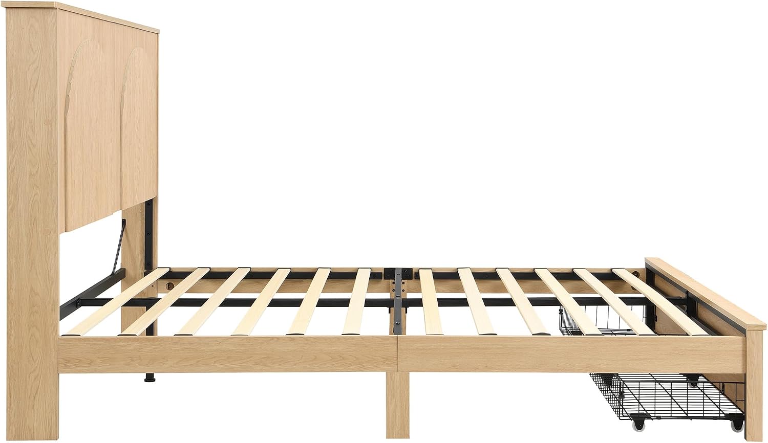 XIAO WEI Fluted King Bed Frame with 52.4' Tall Headboard, Bed Frame with Storage Drawers,Wooden Bed Frame with 8' Underbed Storage, No Box Spring Needed,Natural