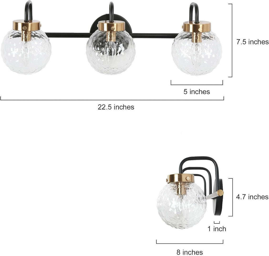 KSANA Black Bathroom Vanity Light Fixtures, Modern Farmhouse 3-Light Black Gold Vanity Lighting with Textured Glass Over Mirror