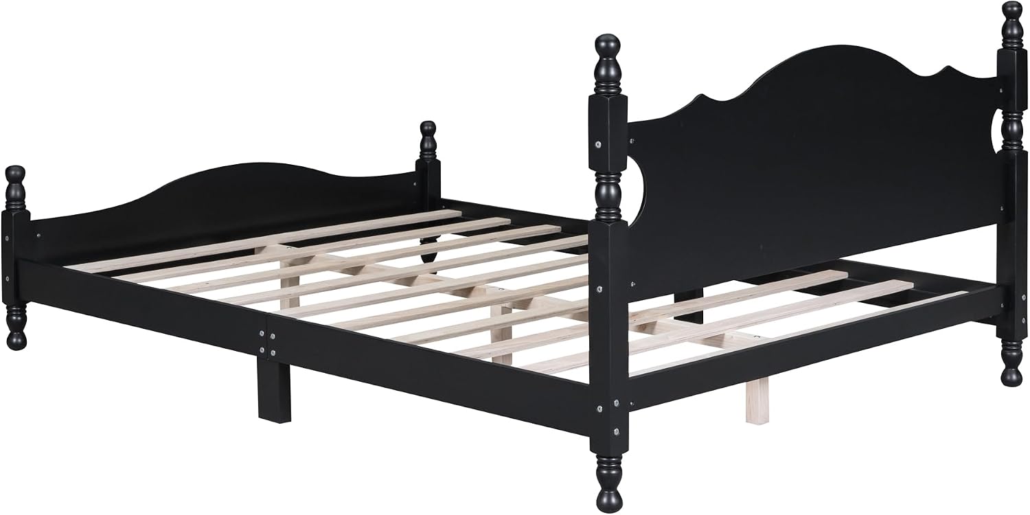 Flieks Queen Size Wood Platform Bed Frame for Boys Girls Kids Toddler,Retro Style Platform Bed with Wooden Slat Support,Black