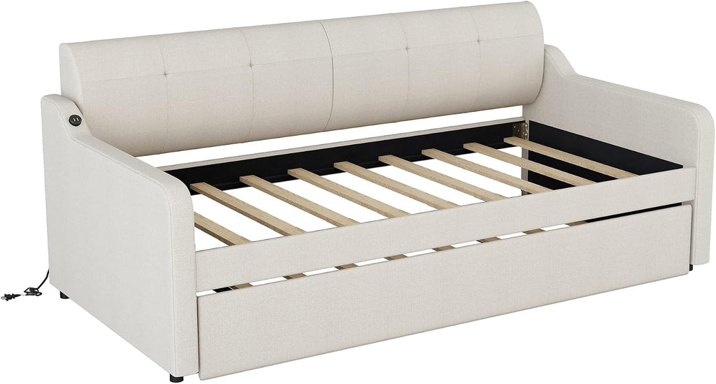 Daybed with Trundle and USB Charging Design, Twin Size Upholstery Day Bed Frame, Trundle can be Flat or erected,Beige