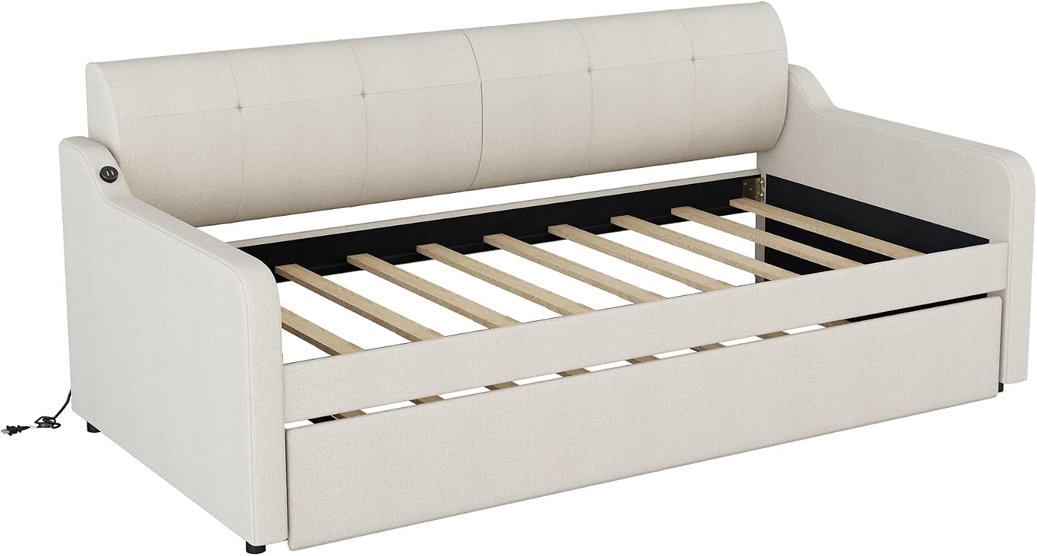 Daybed with Trundle and USB Charging Design, Twin Size Upholstery Day Bed Frame, Trundle can be Flat or erected,Beige