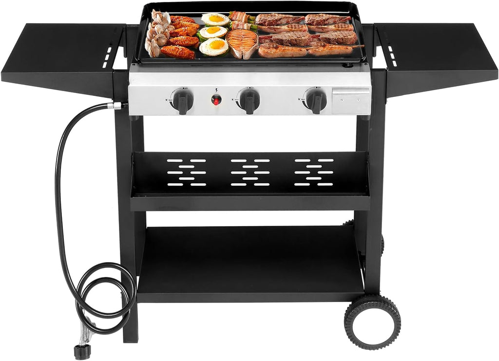 Flat Top Propane Grill, 3-Burner with Removable Griddle, 30,000 BTU, 2-Wheel Stand