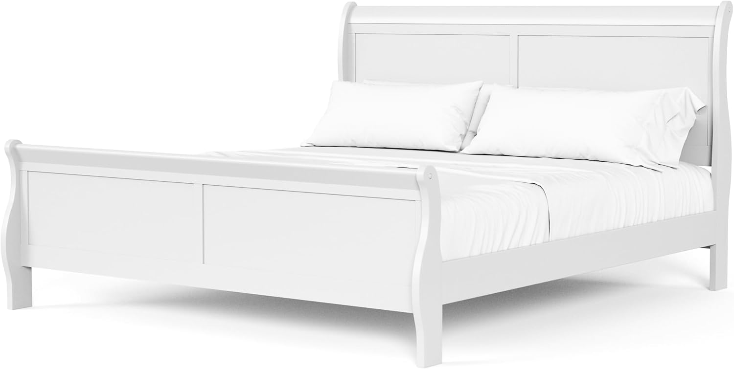 Furniture of America Louis Philippe Traditional Wood King Bed Frame with Headboard and Footboard, Elegant Sleigh Design Bedframe for Bedroom, Guest Room, Easy Assembly, Box Spring Required, White