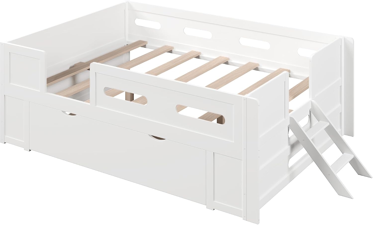 VilroCaz Modern Full Size Platform Bed with Guardrail and Large Drawer, Wood Kids Platform Bed Frame with Two-Step Ladder for Boys Girls, Sturdy Slats Support (White-1.12F)