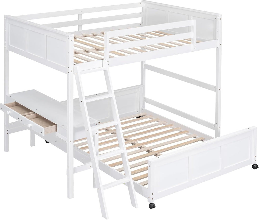 Ball & Cast Full Over Full Bunk Bed with Safty Guardrail & Stairway,Heavy Duty Wood Loft Bedframe W/Desk & Drawers,Easy Assembly,Versatile Functional Bedroom Furniture Set for Boy Girl Teens,White