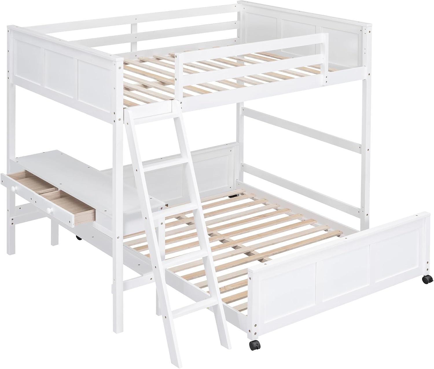 Ball & Cast Full Over Full Bunk Bed with Safty Guardrail & Stairway,Heavy Duty Wood Loft Bedframe W/Desk & Drawers,Easy Assembly,Versatile Functional Bedroom Furniture Set for Boy Girl Teens,White