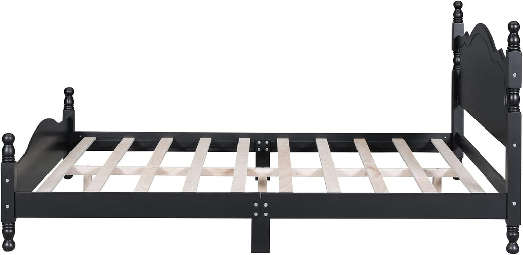 Flieks Queen Size Wood Platform Bed Frame for Boys Girls Kids Toddler,Retro Style Platform Bed with Wooden Slat Support,Black