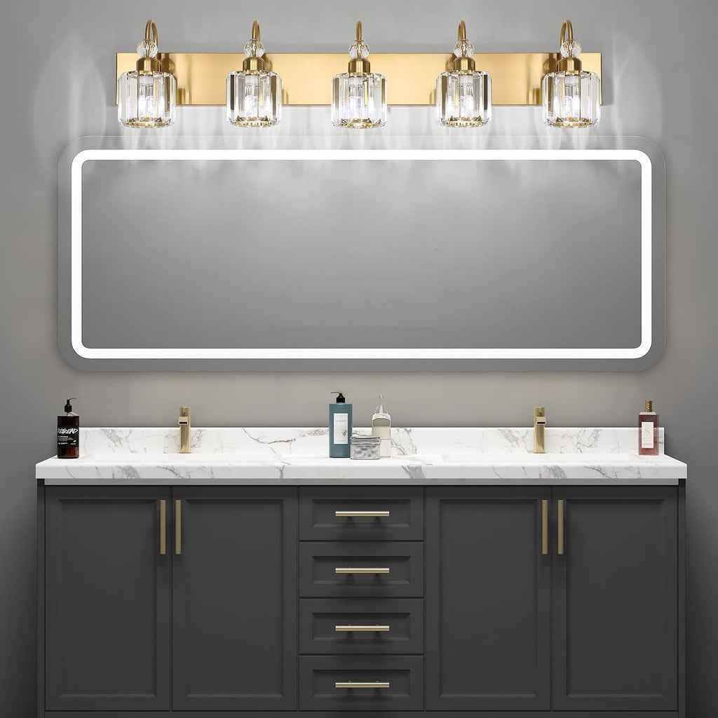 Ralbay Crystal Vanity Lights 5-Lights Brass Gold Over Mirror Modern Bathroom Wall Lighting Fixtures