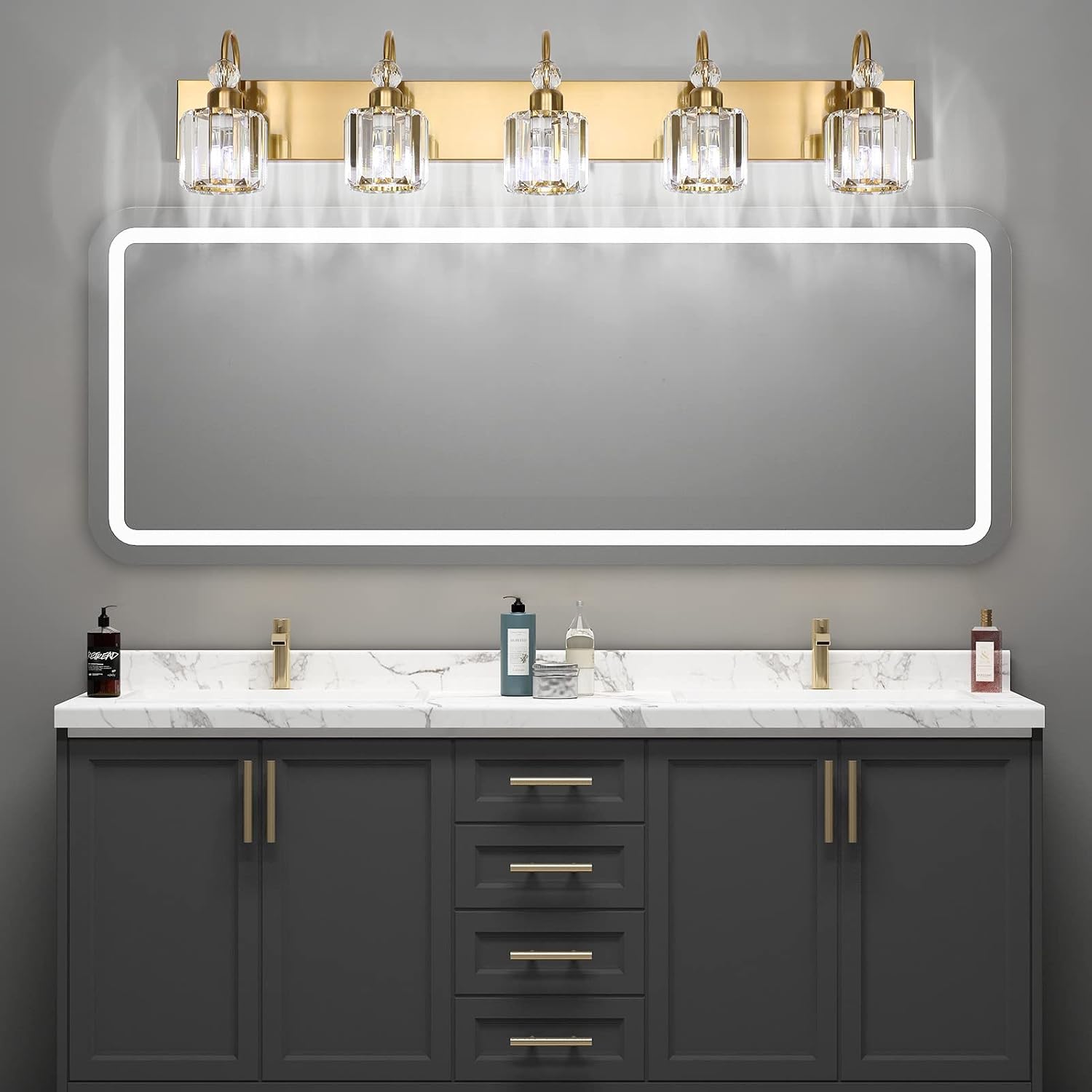 Ralbay Crystal Vanity Lights 5-Lights Brass Gold Over Mirror Modern Bathroom Wall Lighting Fixtures