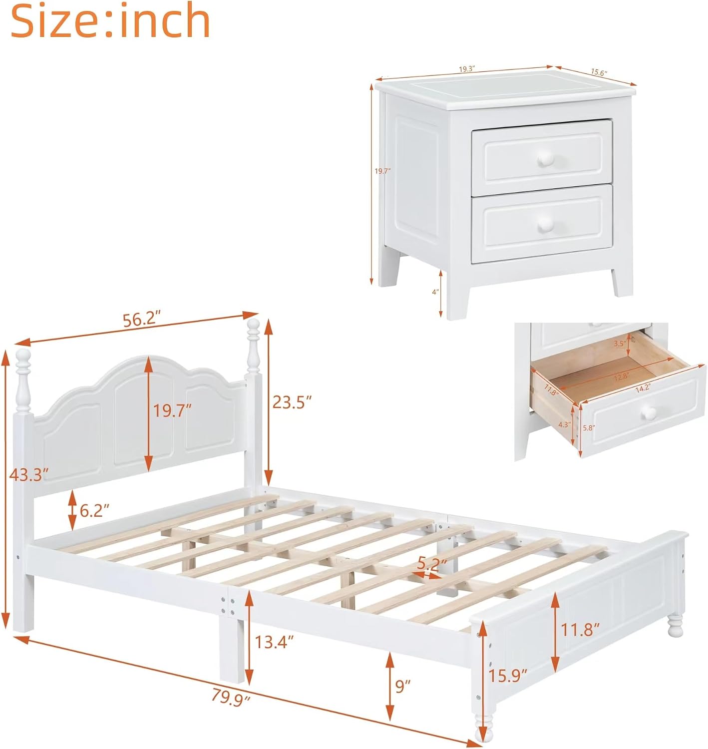 Retro Design 3-Pieces Bedroom Sets, Full Size Wood Platform Bed and 2 Nightstands with 2 Drawers and Sturdy Slats Support for Apartment Bedroom
