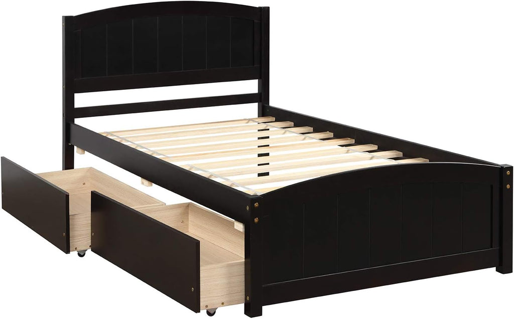 SOFTSEA Twin Platform Bed with Drawers, Solid Wood Bed Frame with Headboard Mattress Foundation No Box Spring Needed (Espresso)