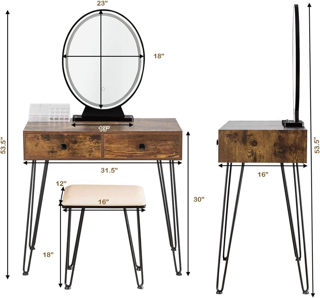 CHARMAID Makeup Vanity Table with Lighted Mirror, 3 Lighting Sets, Adjustable Brightness, 2 Large Drawers, Acrylic Storage Boxes, Girls Bedroom Dressing Table Vanity Set with Stool (Rustic Brown)
