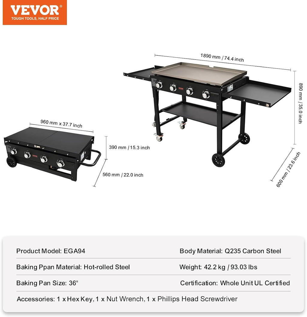 Propane Griddle on Cart, 36' Heavy Duty Manual Flat Top Griddle, Outdoor Cooking Station with Side Shelves, Steel Propane Gas Griddle, 4-Burners Restaurant Portable Grill - 60,000 BTU