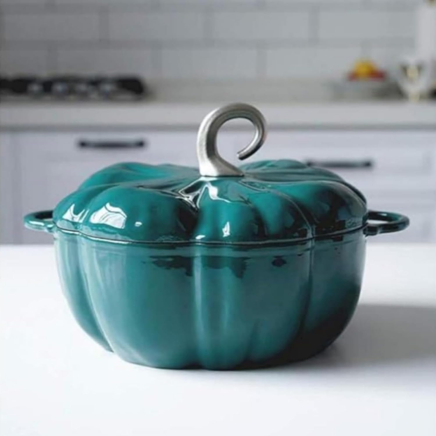Green,Mswborml Pumpkin Enameled Cast Iron Dutch Oven w/Lid, Shallow Casserole Braiser with Dual Handle, Heavy-Duty Enamelled Cooking Pot Non-Stick Ceramic Coating, Oven, Induction Compatible