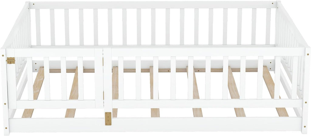 Platform Bed with Fence and Doors,Wood Floor Bed Frame for Bedroom,No Box Spring Needed (White, Full)