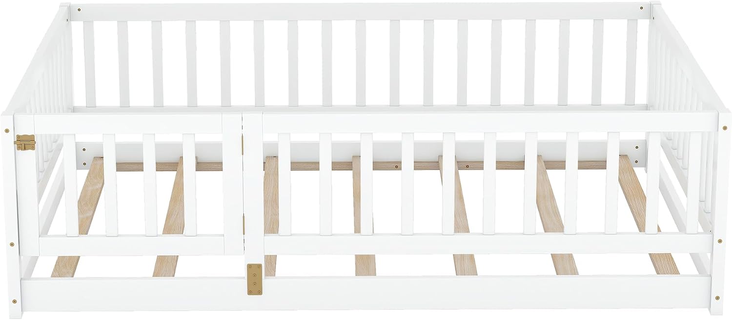 Platform Bed with Fence and Doors,Wood Floor Bed Frame for Bedroom,No Box Spring Needed (White, Full)