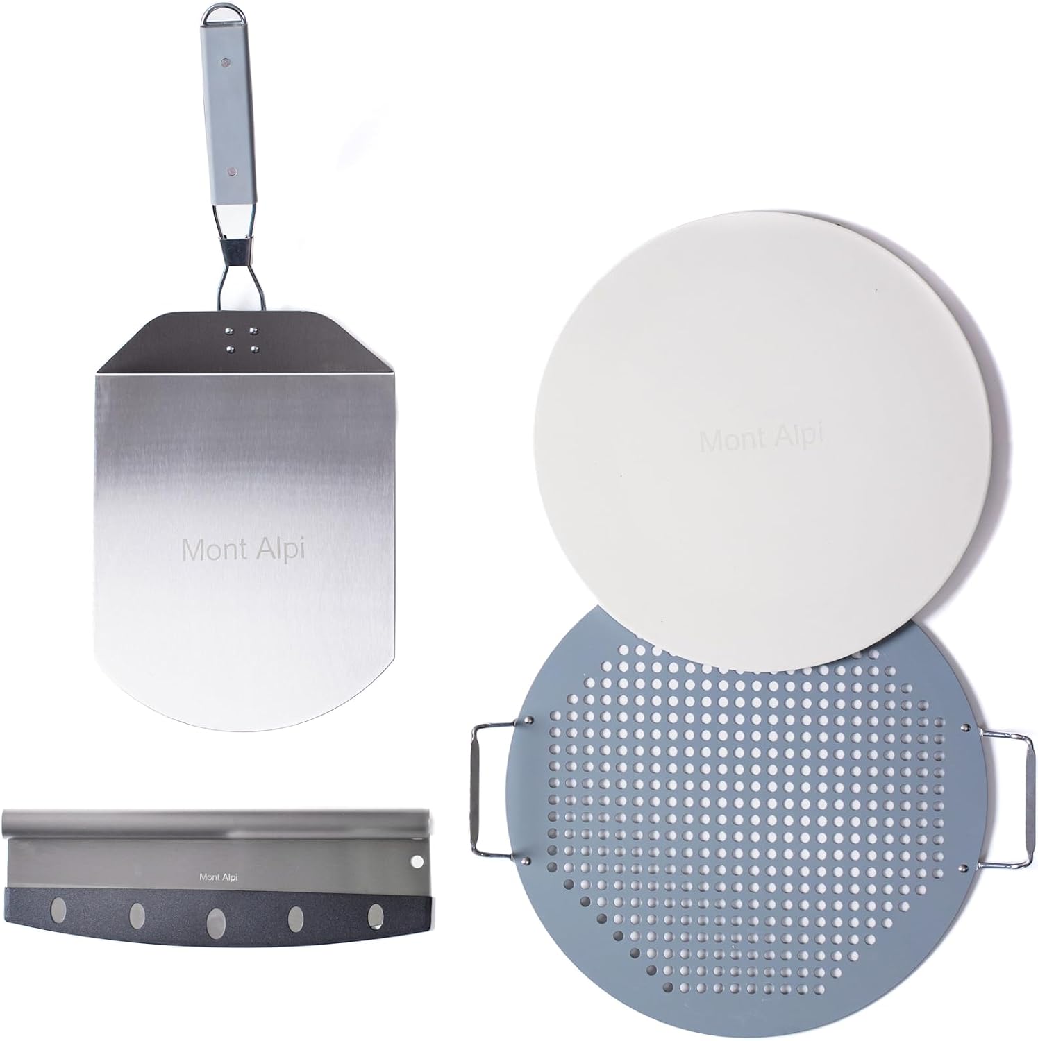 Mont Alpi MABi400-BSSTOOLKIT 32-inch 4 Burner 63000 BTU Black Stainless Steel Built-in Gas Grill + Universal Flat Top Griddle Kit & Pizza Converter + Barbecue 3 Piece Tool Kit with Cleaning Brush