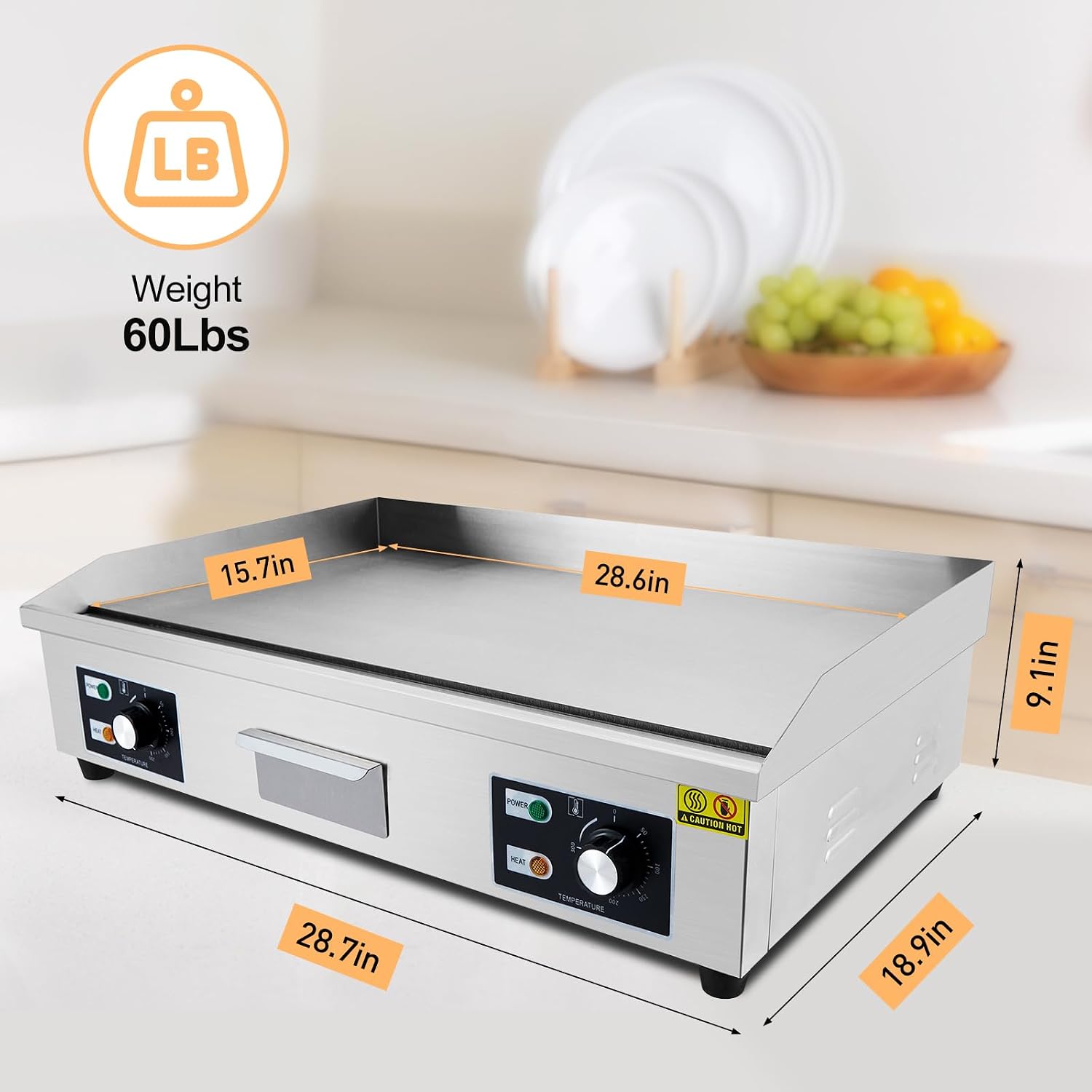 29' Commercial Electric Griddle - 3000W Stainless Steel Flat Top Grill with Adjustable Temp 122°F-572°F, Non-Stick Surface, 2 Shovels & 2 Brushes - for Restaurants, Home Kitchens