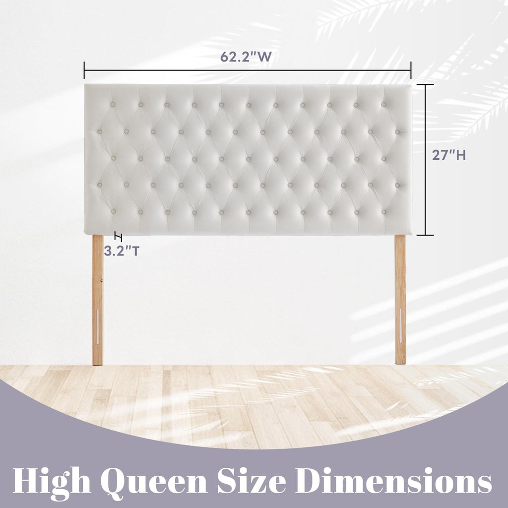 Kingfun Upholstered Queen Headboard Only, Premium Velvet Button Tufted Headboards, Adjustable Solid Wood Head Board, Padded Headboard with Solid Wood Legs in Bedroom (White)