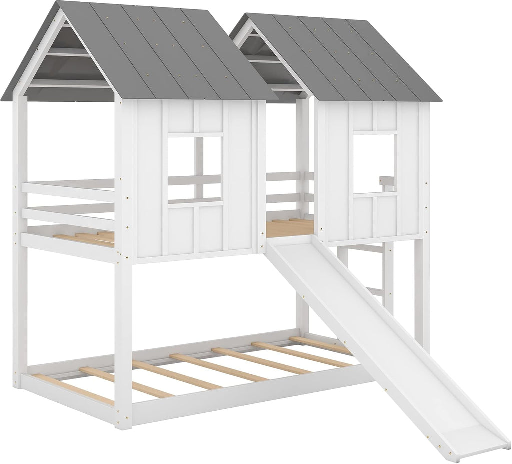 Polibi Slide Wooden Bunk Bed with Windows, Ladder, Guardrails and Twin Size in White