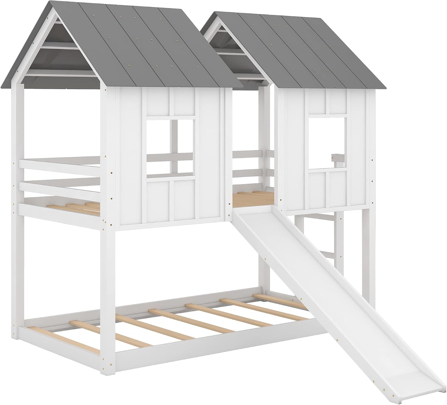 Polibi Slide Wooden Bunk Bed with Windows, Ladder, Guardrails and Twin Size in White
