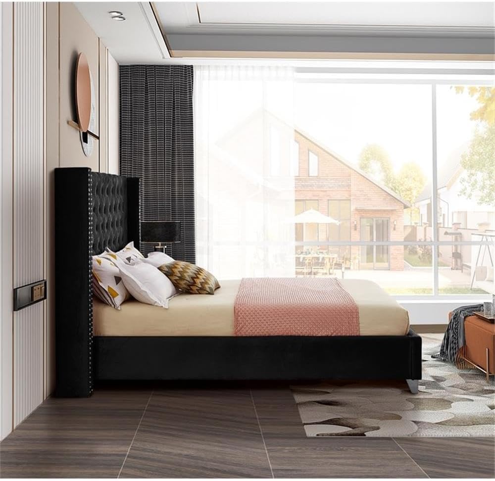 Meridian Furniture Aiden Collection Modern | Contemporary Velvet Upholstered Bed with Deep Button Tufting, Solid Wood Frame, and Custom Chrome Legs, King, Black
