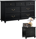 Joaxswe Farmhouse Dresser and Nightstand Sets, Wooden 7 Drawers Dresser & 24' Night Stand with 3 Drawers, 2 Piece Bedroom Furniture Set, Chest of Drawers for Bedroom, Home, Living Room, Hallway