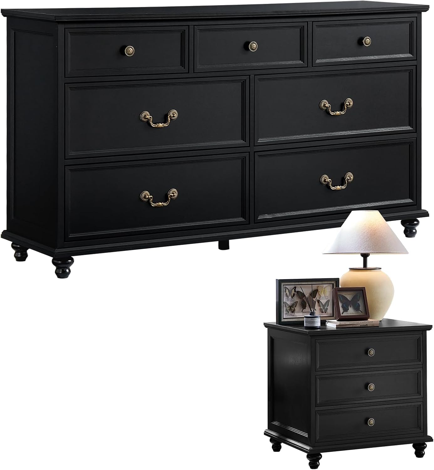 Joaxswe Farmhouse Dresser and Nightstand Sets, Wooden 7 Drawers Dresser & 24' Night Stand with 3 Drawers, 2 Piece Bedroom Furniture Set, Chest of Drawers for Bedroom, Home, Living Room, Hallway