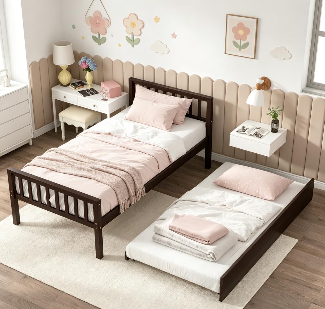Bellemave Twin Kids Bed with Storage Twin Trundle, Wood Daybed for Kids, Adults, Espresso