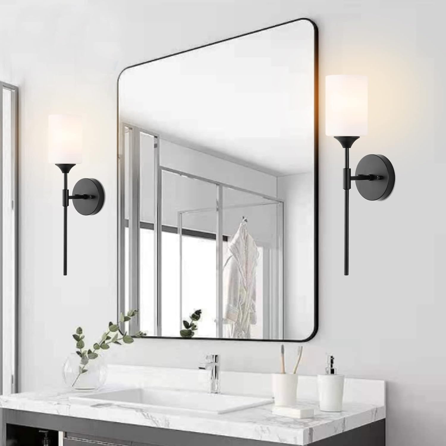 BYOLIIMA Mid Century Modern Wall Lamp 2 Pack with White Cylinder Glass Shades Matte Black Wall Sconce Bathroom Vanity Lighting Industrial Farmhouse Wall Light Fixtures for Mirror Bedroom Living Room