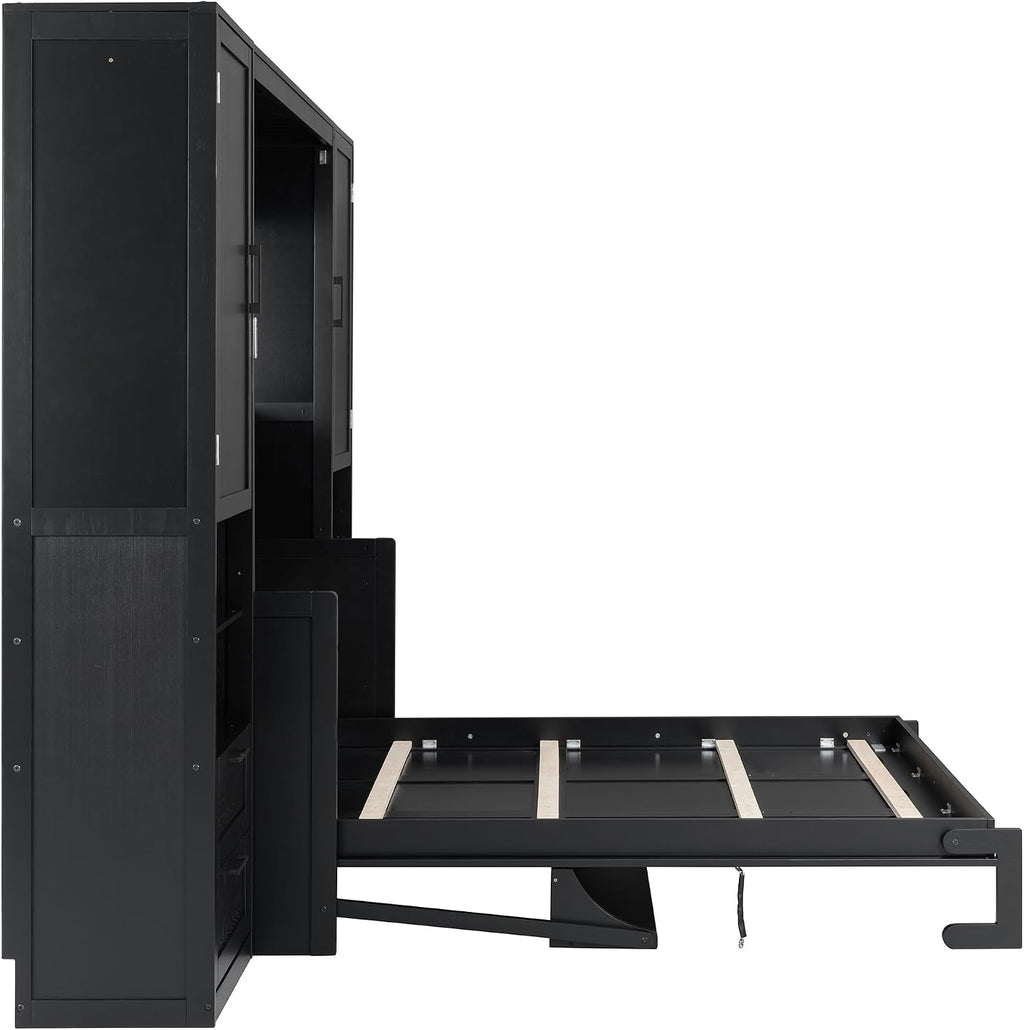 Merax Queen Size Murphy Bed with Desk, Multifunctional Foldable Wall Bed with Closet, Drawers and Shelves, Space-Saving Wood Bed Frame for Small Space Studio Study Office Guest Room, Black(Oak Veneer)