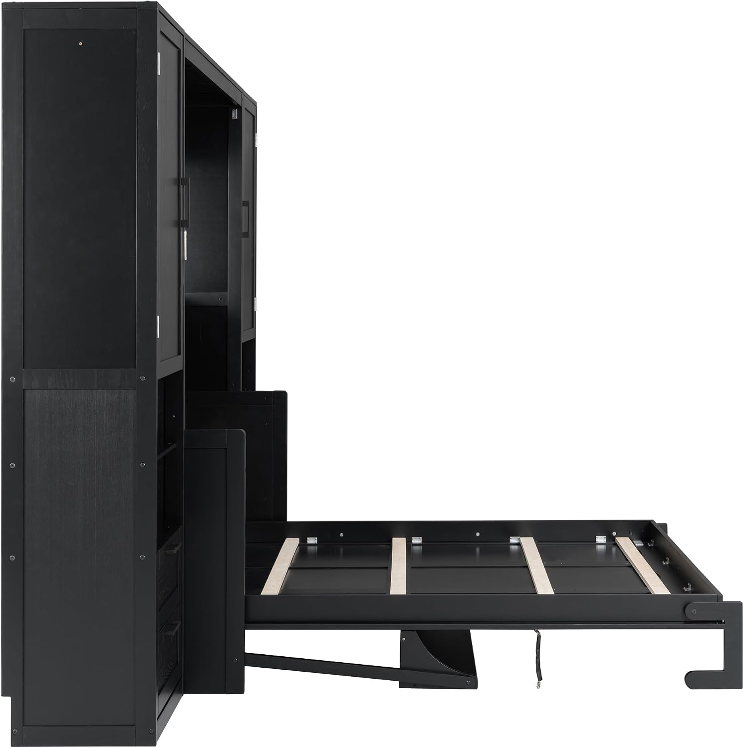 Merax Queen Size Murphy Bed with Desk, Multifunctional Foldable Wall Bed with Closet, Drawers and Shelves, Space-Saving Wood Bed Frame for Small Space Studio Study Office Guest Room, Black(Oak Veneer)