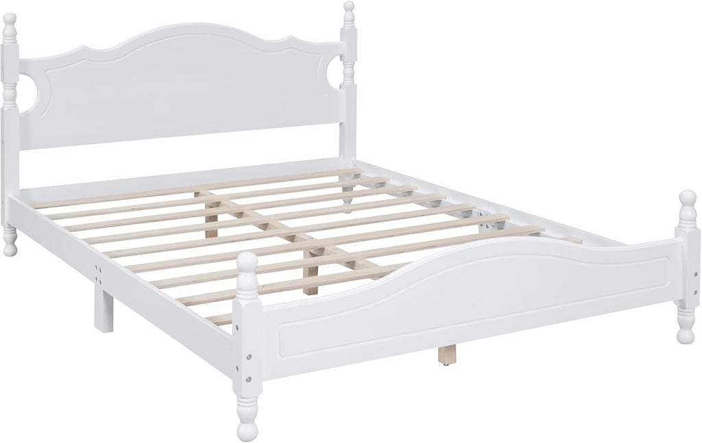 LUMISOL Wood Bed Frame Queen Size with Classic Headboard, Retro Style Wooden Bed Frame with Wood Slat Support for Bedroom, White