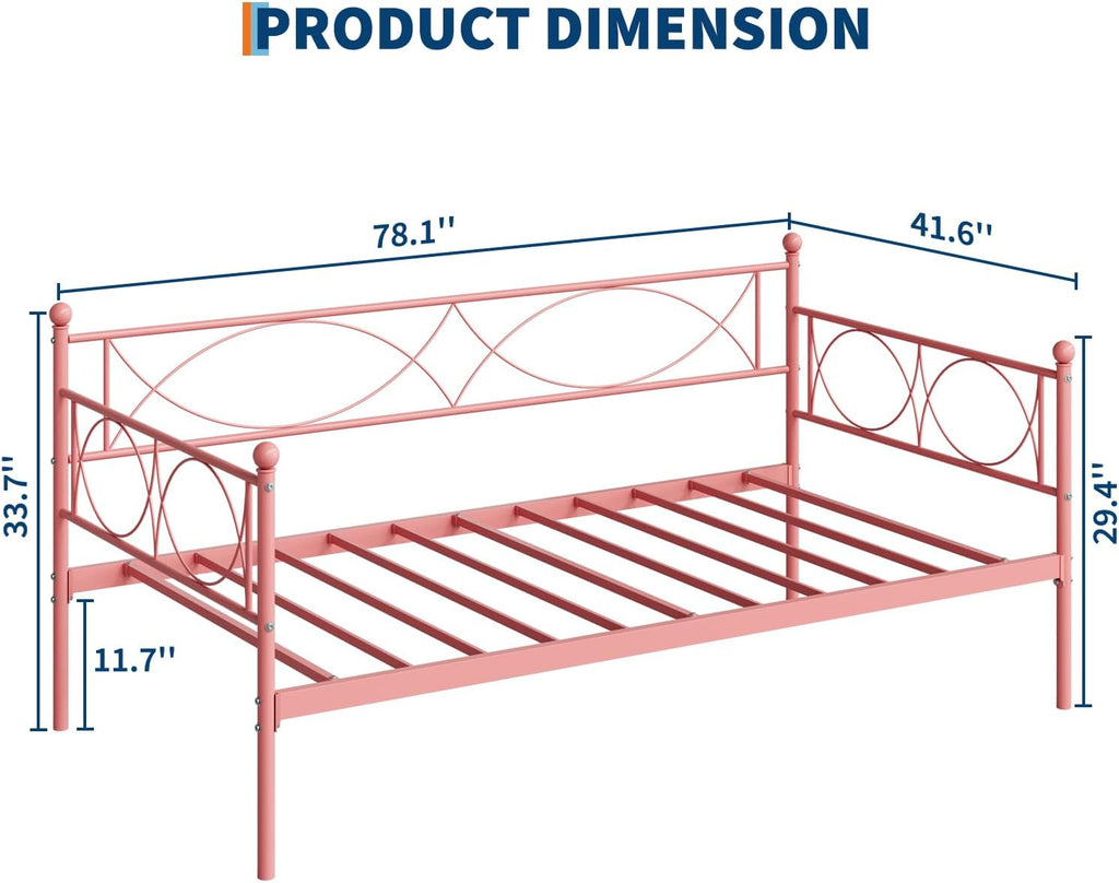 IDEALHOUSE Twin daybed with Trundle, Metal Twin Daybed and Trundle Set, Day Bed Sofa Bed Frame with Steel Slat Support, Multifunctional Daybed Frame for Bedroom (Pink Daybed)