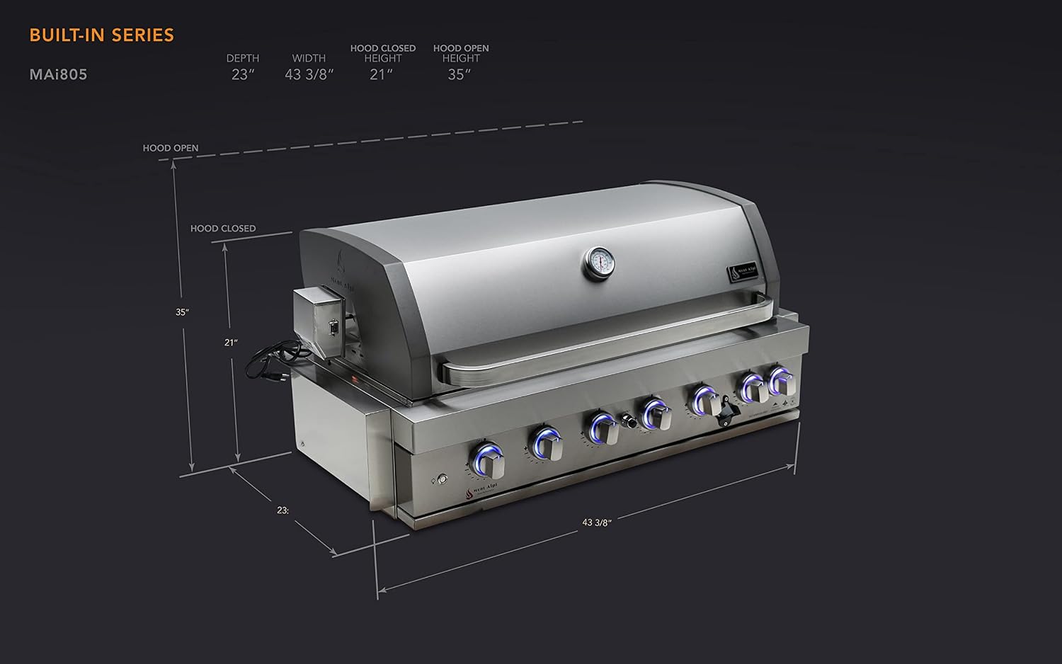 Mont Alpi Premium 44'W x 23'D x 21'H Stainless Steel 6-Burner Built-in BBQ Grill Head with Infrared Rear Burner + Rotisserie Kit + Outdoor Rated Glass Door Refrigerator + Charcoal Tray + Griddle Plate