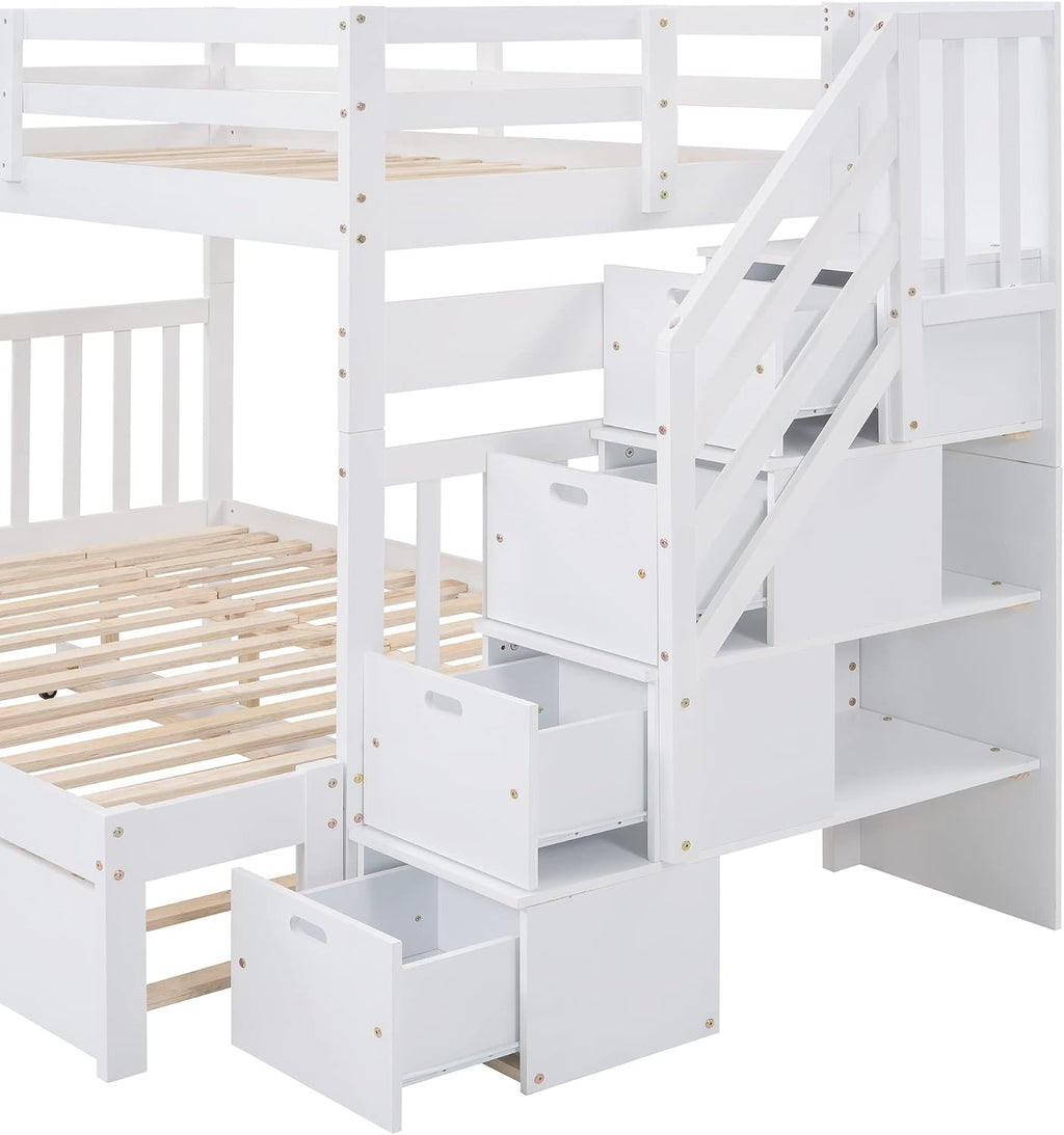 Harper & Bright Designs Stairway Twin Over Full Bunk Bed with Twin Size Trundle and Drawers, Solid Wood Bunk Bed Staircase Can be Placed on The Left or Right Side (White)