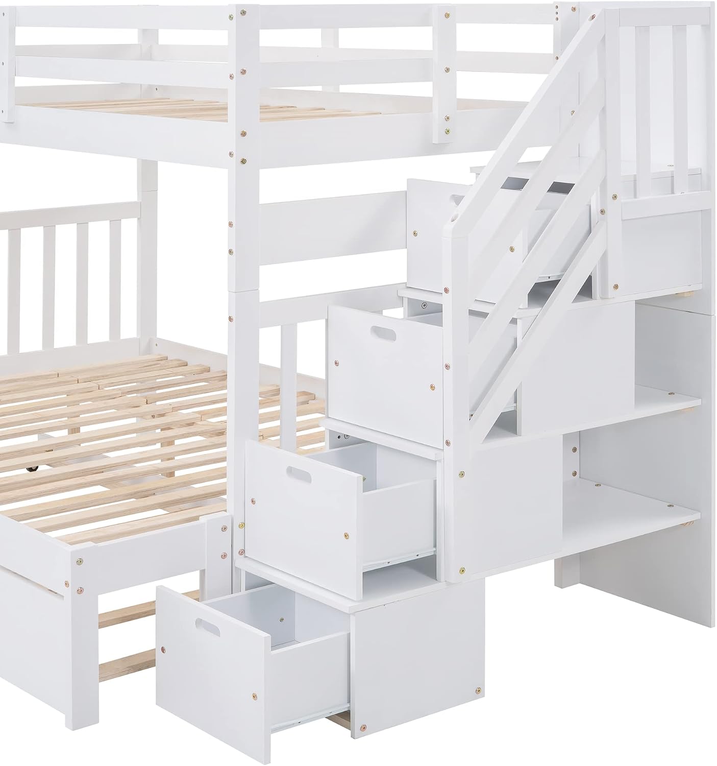 Harper & Bright Designs Stairway Twin Over Full Bunk Bed with Twin Size Trundle and Drawers, Solid Wood Bunk Bed Staircase Can be Placed on The Left or Right Side (White)