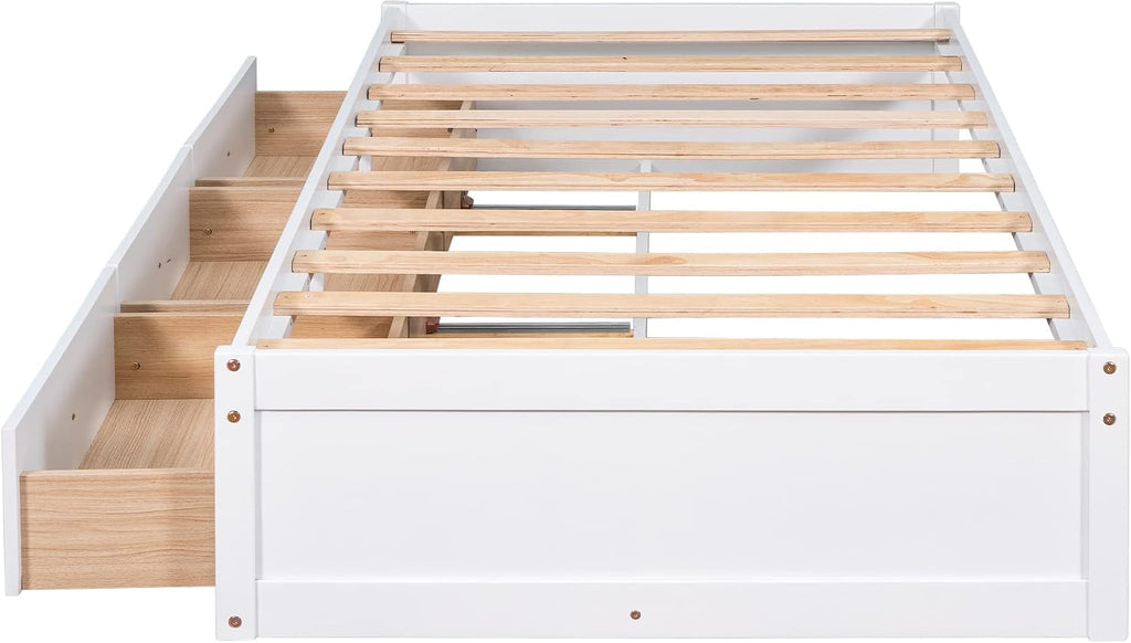 SOFTSEA Twin Size Daybed with 6 Storage Drawers, Wood Twin Platform Bed Frame with Storage and Wood Slat Support, No Box Spring Needed, (White)