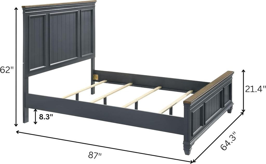 Roundhill Furniture Riverton Wood Bedroom Set with Shiplap Panel Queen Bed, Dresser, Mirror, and Two Nightstands in Slate Blue