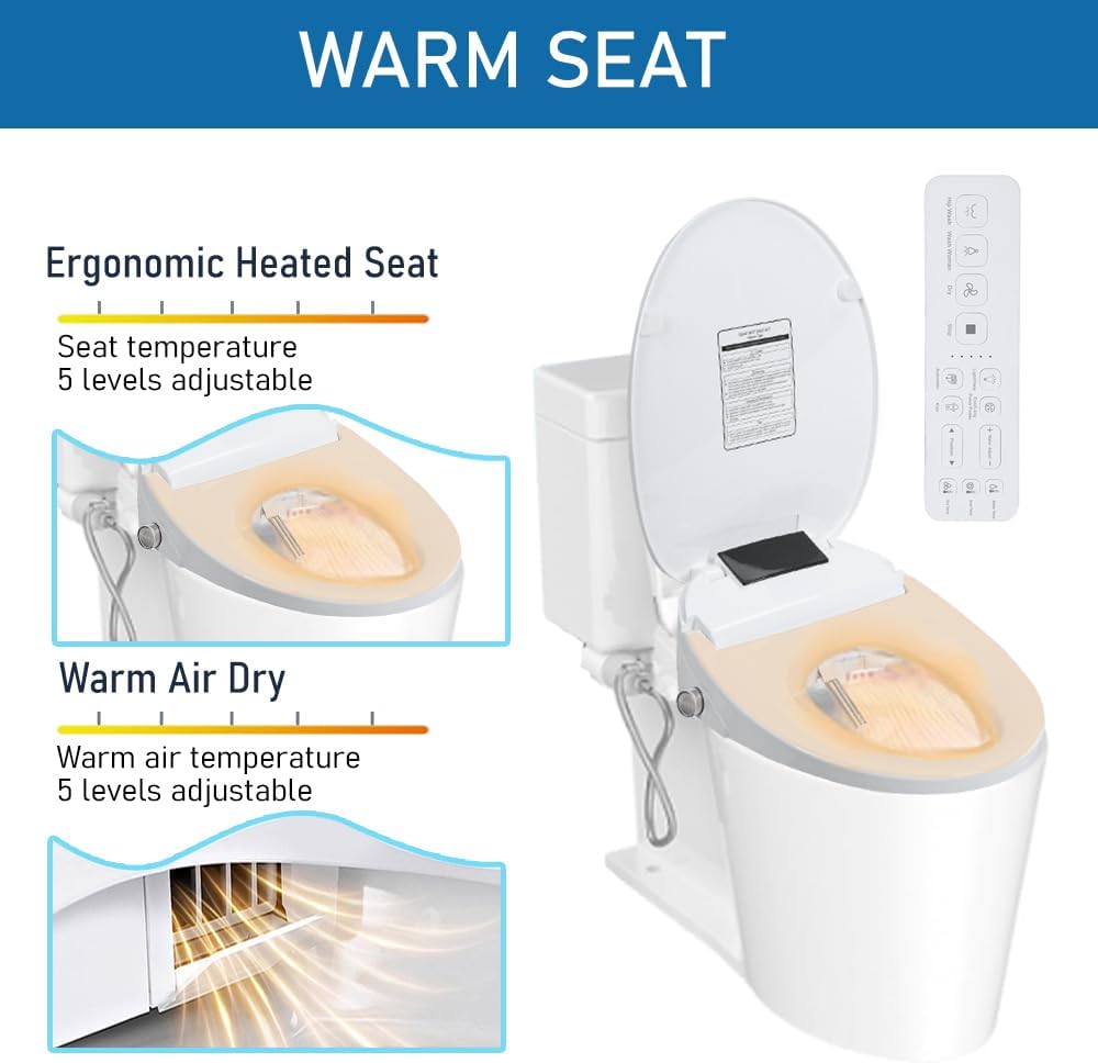 Electric Bidet Toilet Seat, Elongated Heated Toilet Seat with Instant Warm Water & Dryer, Self-Cleaning Nozzle, Automatic Flip Cover and Remote Control, Bidet Attachment for Toilets (White)