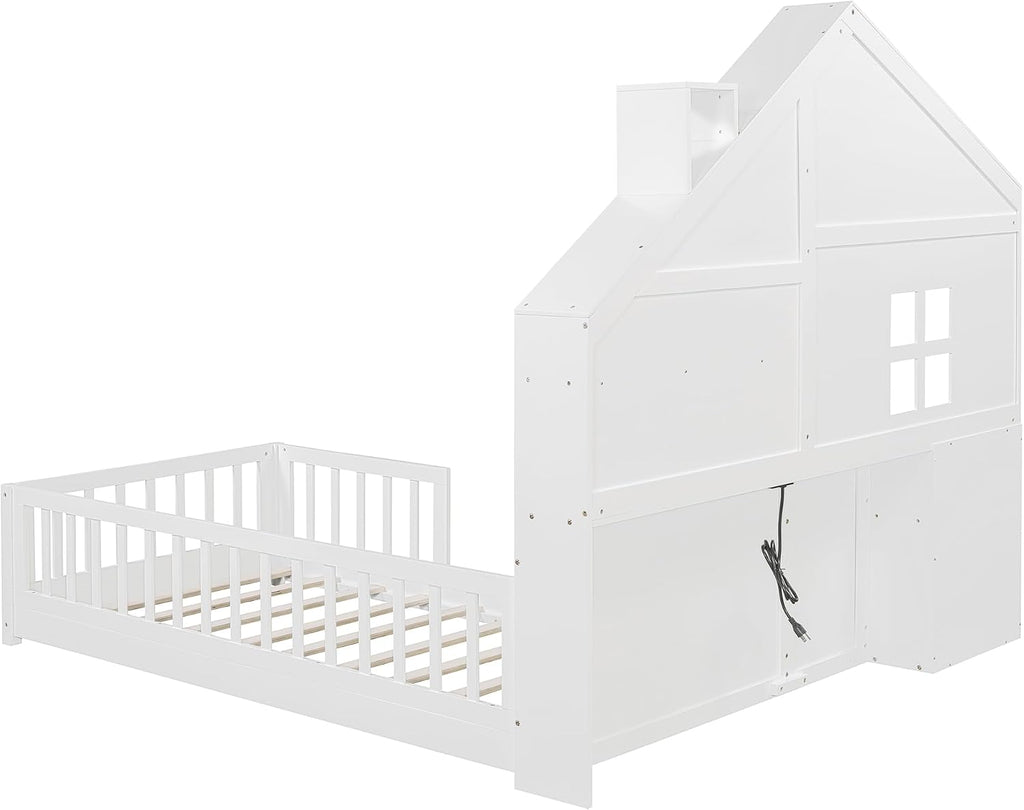 VilroCaz Twin Size Kids Floor Bed with Safety Fence, Solid Wood Montessori Platform Bed with House Shape Headboard with Bedside Drawers, Shelves, Sockets and USB Port for Kids Boys Girls (White-LT1)