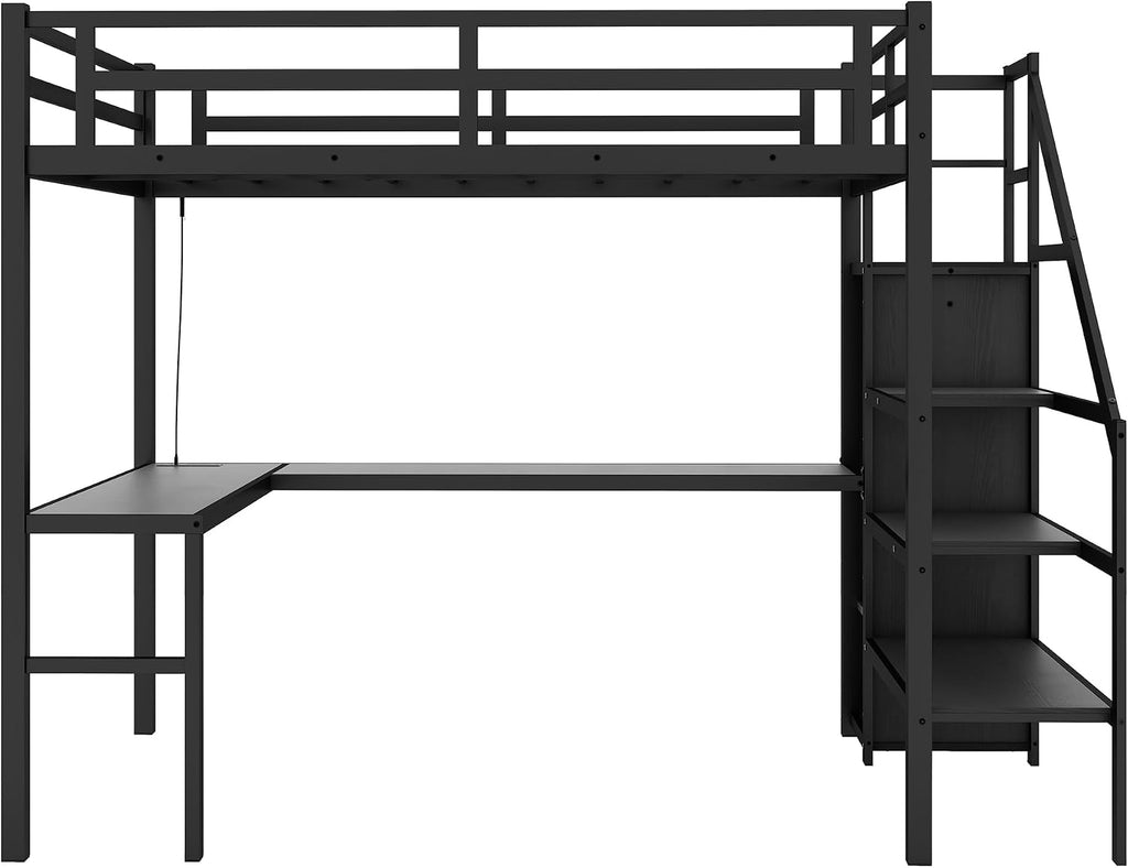 Ball & Cast Twin XL Size High Loft Bed with LED Light Strip & USB,Metal Bedframe W/L-Shape Desk & Built-in Storage Staircase,Wardrobe & Adjustable Shelf,Bedroom Furniture Set for Kid Teen Adult,Black