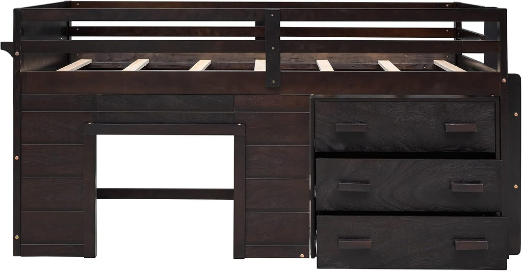 Ball & Cast Twin Size Low Loft Bed with Safety Guardrail & Stair,Wooden Bedframe W/Cabinet & Shelf,Solid Construction,No Spring Box Needed,Furniture Set for Boys Girls Keens Study Bedroom,Espresso